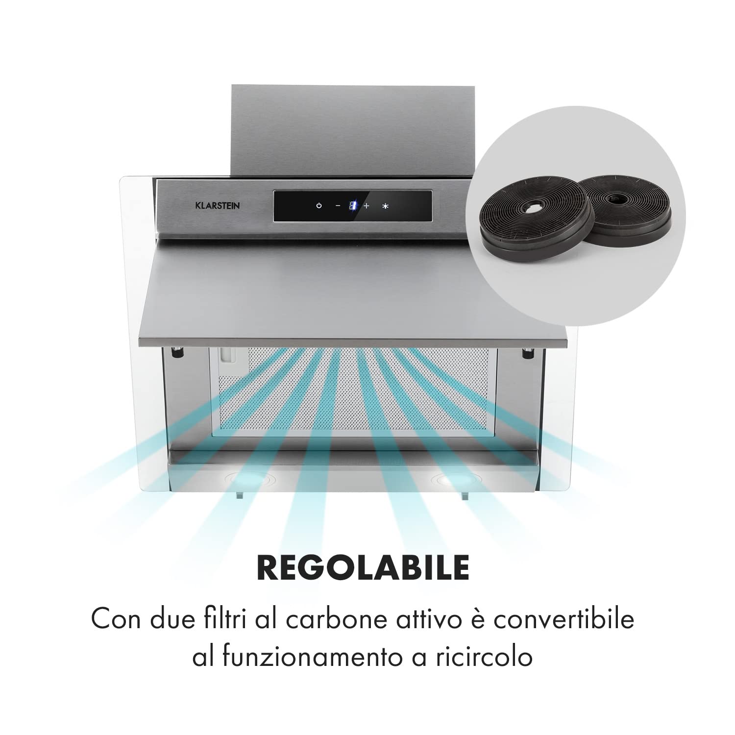 KLARSTEIN Balzac Cappa Inclinata - Ricircolo/Scarico, Silenziosissima, Pannello tattile, Luce LED, Filtro Antigrasso, Potenza di Scarico: 604 m³/h, 250 W, Argento, Tipo: Balzac Silent, 60 cm