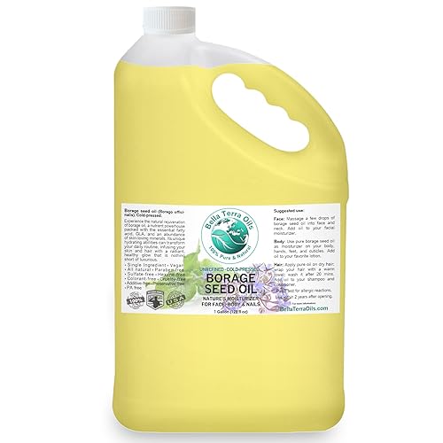 Bella Terra Oils Aceite de semilla de borraja prémium con alto GLA, 1 galón, resplandor de piel lujoso, absorción rápida, nutritivo