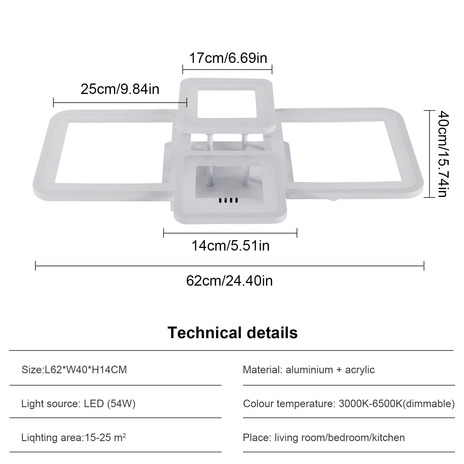 Comely Plafoniera LED Soffitto Dimmerabile, 54W 6000LM Lampada da Soffitto | Con Telecomando, Bianco Quadrato Lampadario LED Soffitto in Acrilico per Camera da letto Soggiorno Sala da Pranzo
