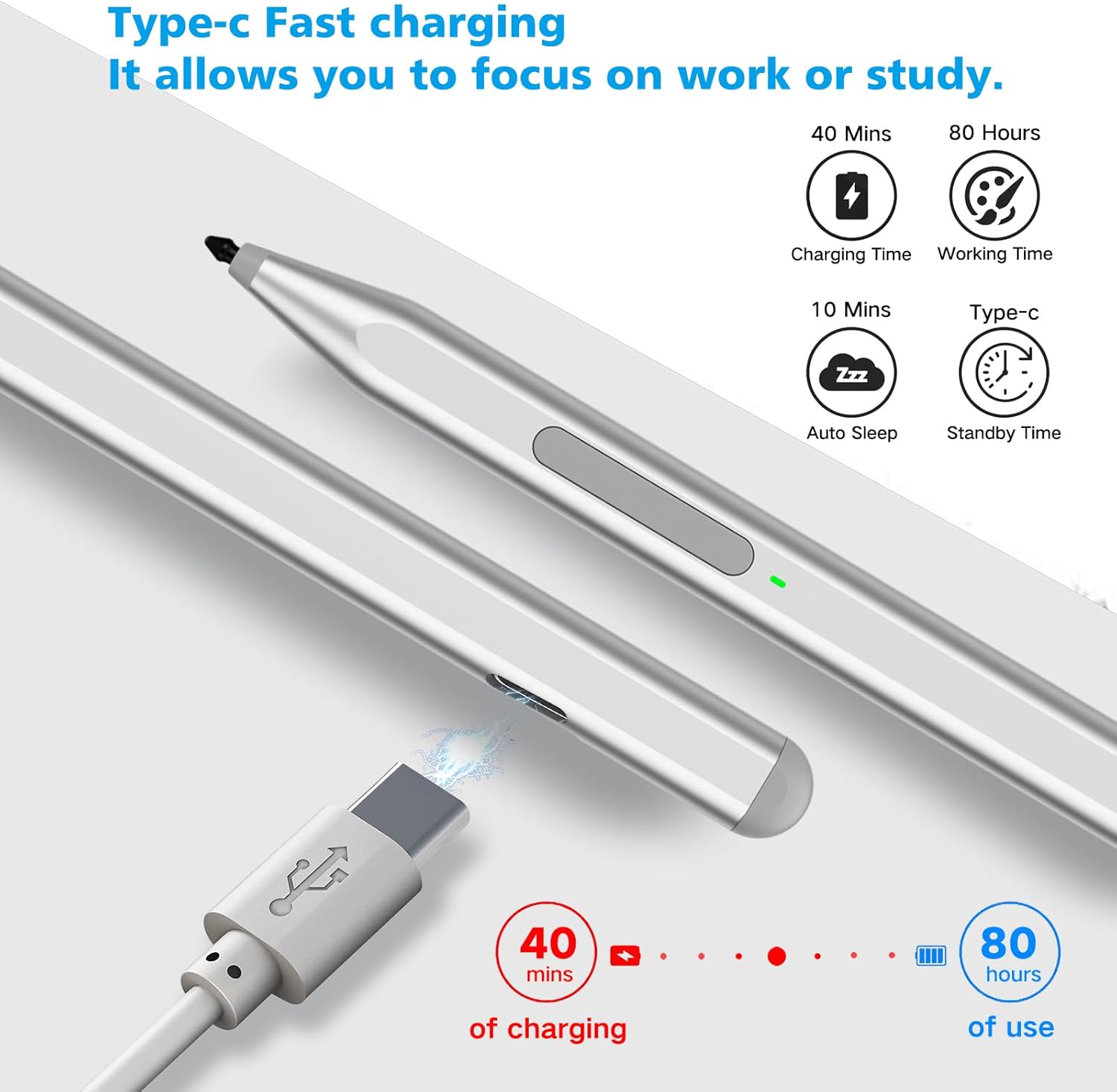 Stylus Pen for Microsoft Surface Pro12/11/10/9/8/X/7+/6/5/4/3, Surface Go 4/3/2/1, Surface Laptop1-5/Studio/Book 3/2/1 with Eraser Side Button,Palm Rejection,Tilt Function,1024 Pressure