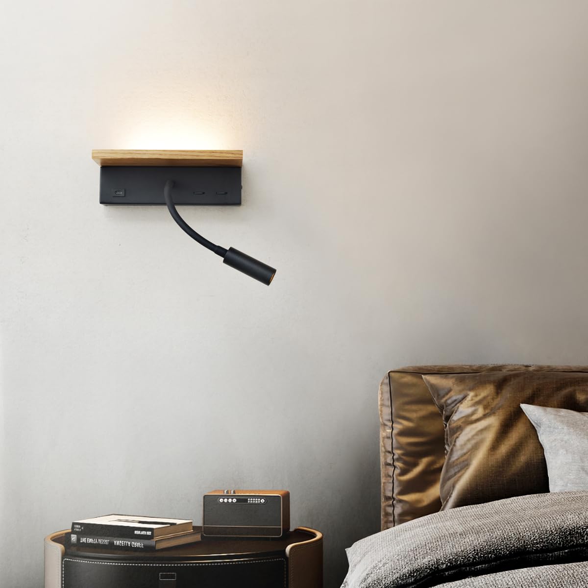Wooden Wall Lamp for Bedroom,Nightstand Lamp with Type C Charging,3w Led Reading Light ,Modern 13w Wall Sconce with Switch for Indoor Hallway,Bed,Guest Room,Hotel,Flexible Gooseneck Light 3000k,1pcs - Image 4
