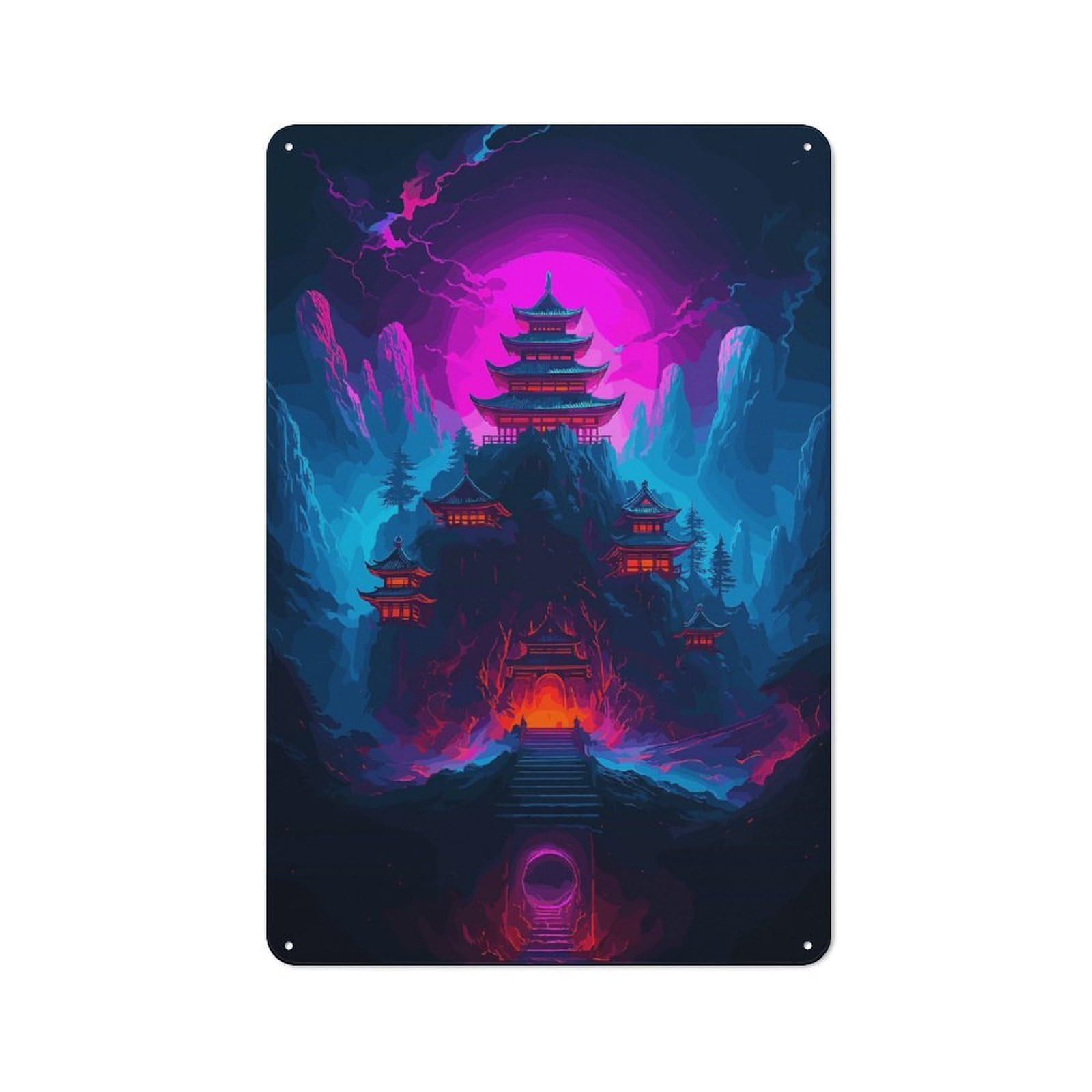 Junmoney Neon Japanese Temple Landscape Printed Metal Sign, Easy To Hang Plaque For Home Bar, Pub Room Or Kitchen Wall, 30X20cm