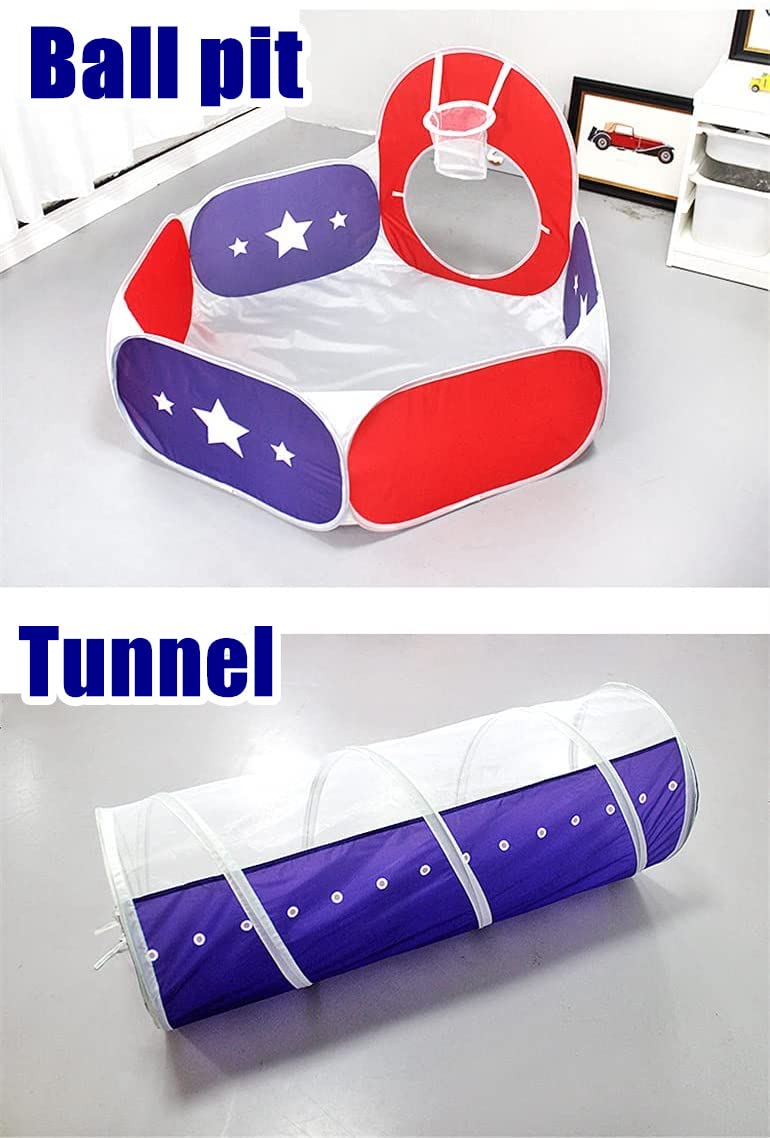 3 en 1 Kids Play Tienda Tunel de rastreo y Bola Hoyo Tienda de Playhouse Infantil con aro de Baloncesto, para Uso Interior y Exterior con Estuche portátil. (Rojo) (Azul Oscuro)