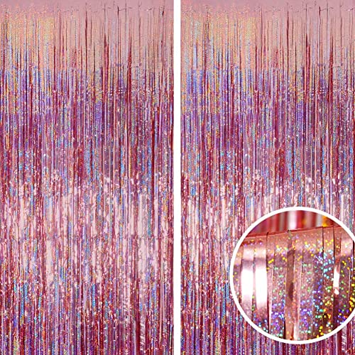 Goodern 2 Pack Glitter Fringe Rain Curtain 2M x 1M Photo Booth Backdrop Fringe Curtains Metallic Tinsel Foil Curtain Foil Curtains for Birthday Parties Wedding Graduations Party Decorations-Rose Gold