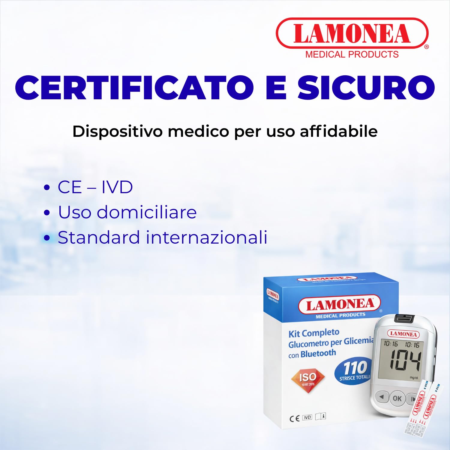 100 Strisce Reattive per Glicemia, Certificate CE - Strisce per Misurazione del Glucosio nel Sangue Intero, Compatibili con Glucometro LAMONEA, Dispositivo Medico IVD (Strisce Reattive)