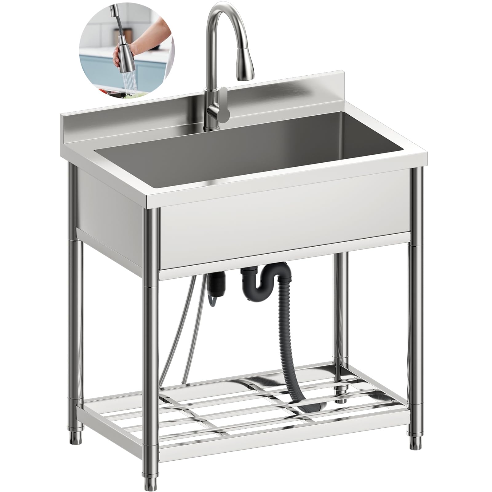 Große Freistehende Edelstahl Spültisch Gastro 1 Becken, 90 cm Gewerbliche Küchenspüle, Industrielle Spüle mit Wasserhahn für Küche, Restaurant, Cafe, Geschäft, Außen, 57T x 90B x 94H cm