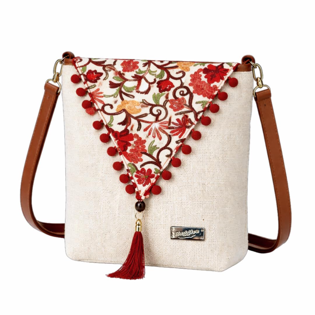 Handicraft Sling Bag for Women, Cream Jute with Floral Embroidered Flap, Red Pom-pom Trim, Tassel Accent, Boho Style, Adjustable Crossbody Strap-image-28