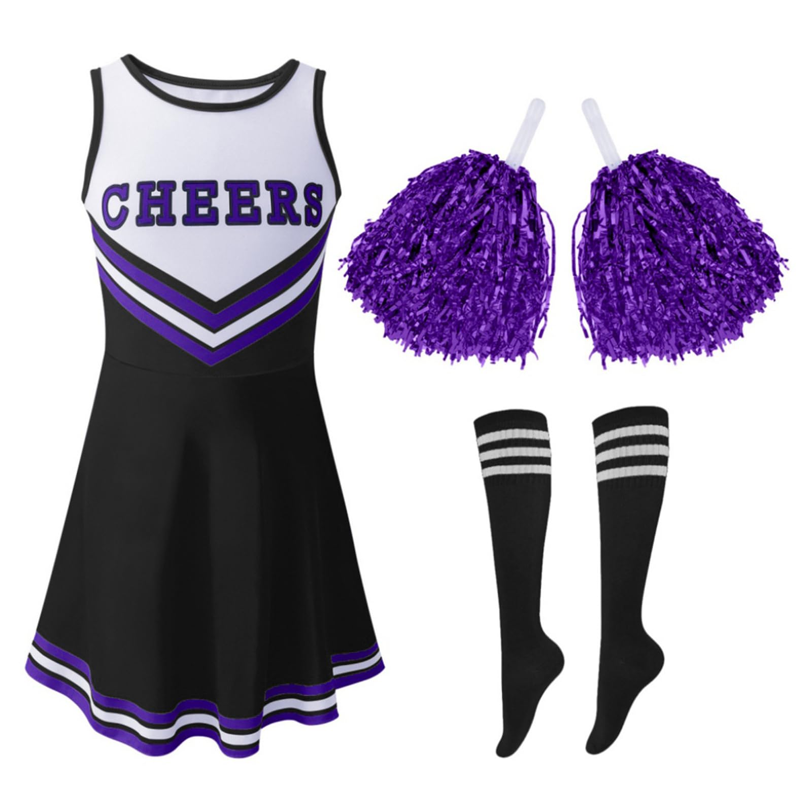 Hovershoes Girl Cheerleader Outfits with Cheerleader Pom Poms and Socks, Black and Purple & 3-4 Years, Kids Cheerleading Uniform Outfit School Musical Child Cheer Clothes Carnival Halloween Dress