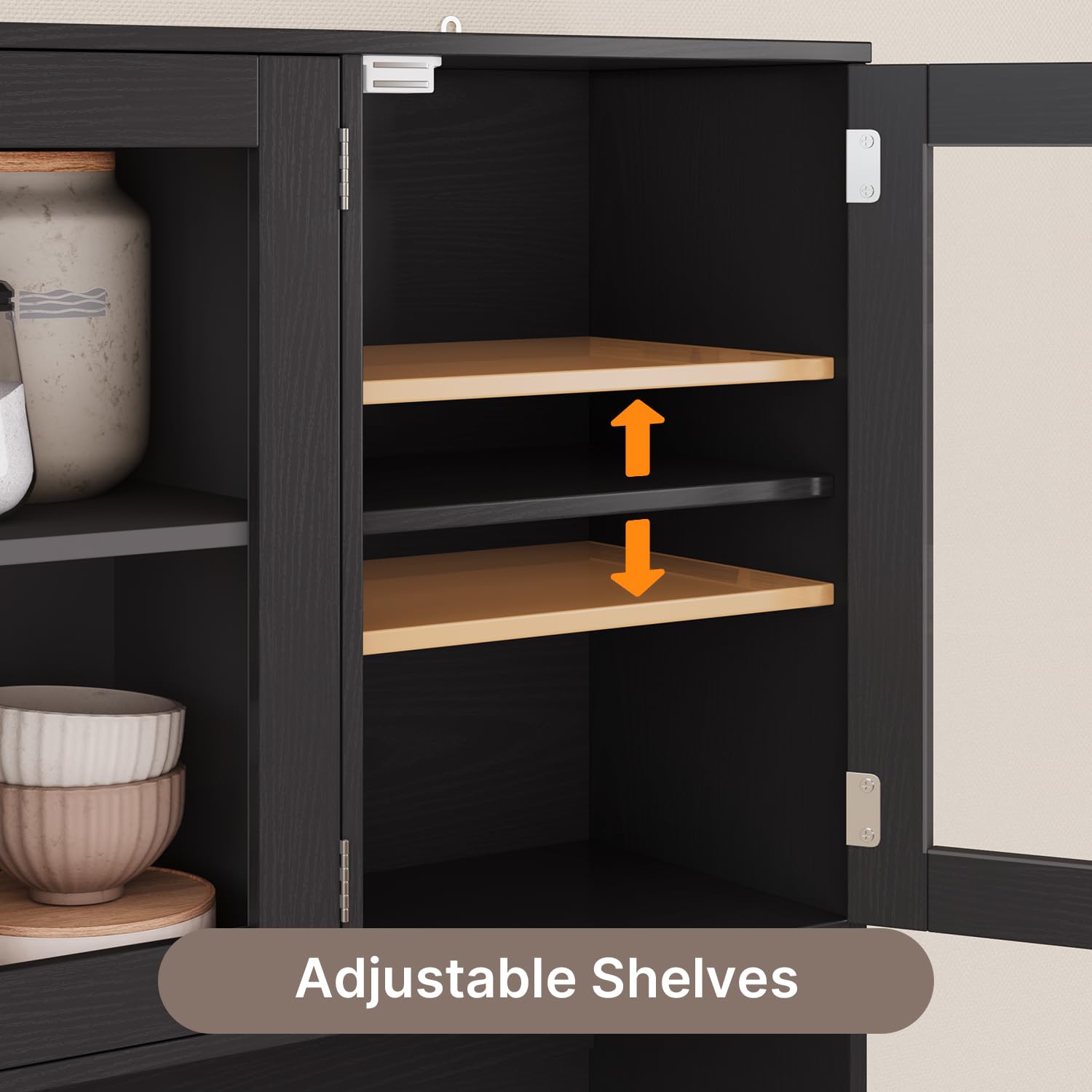 Xbro Armoire Cuisine, Buffet Haute avec Éclairage LED et Prise, Buffet avec 5 Portes, 3 Tiroirs et Portes en Verre,Meuble de Rangement avec Dispositif Anti-Basculement, 100 x 40 x 180 cm, Noir
