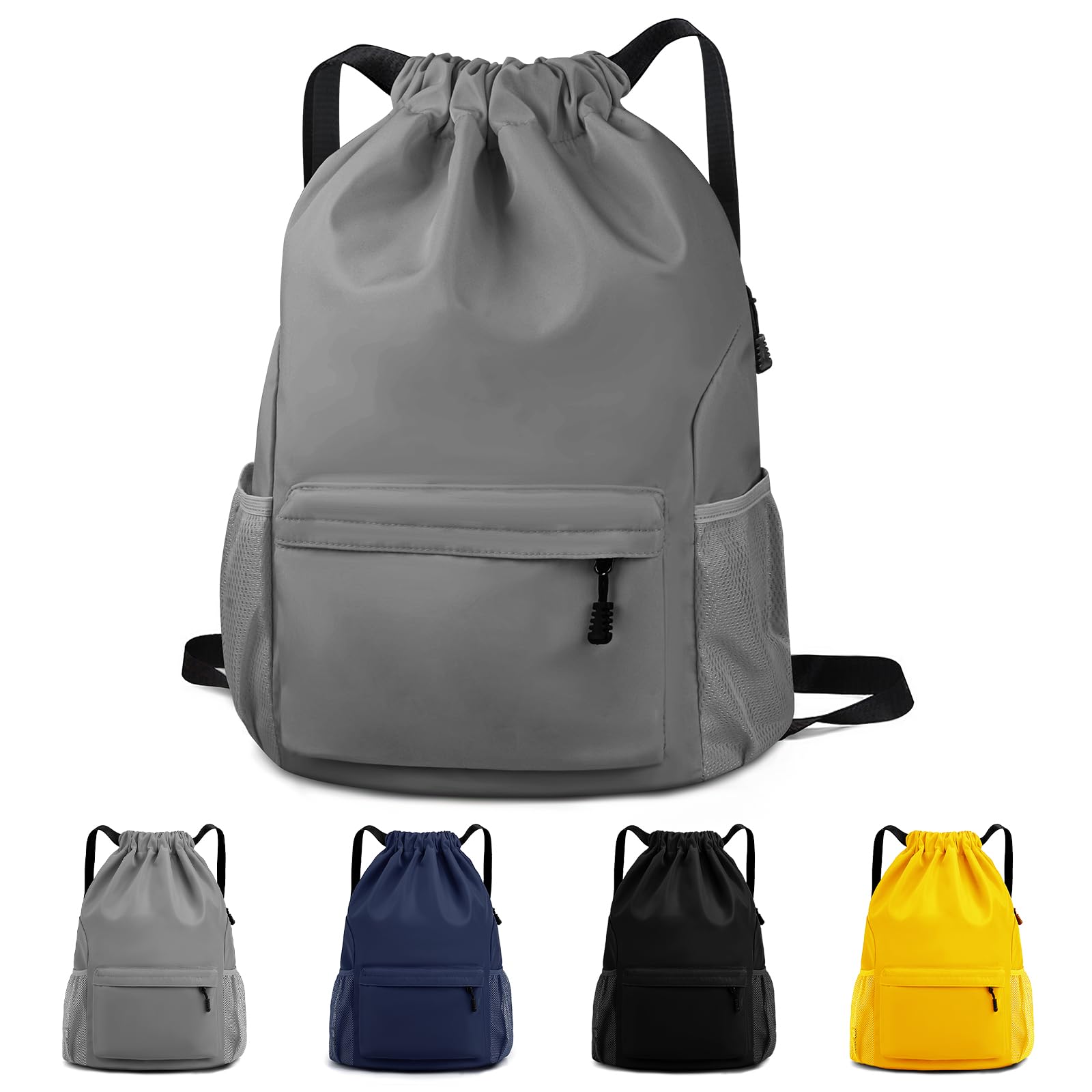 OziralDrawstring Backpack Waterproof Drawstring Backpack Bag Sports Gym Bag with Side Pocket for Women Men (Grey)