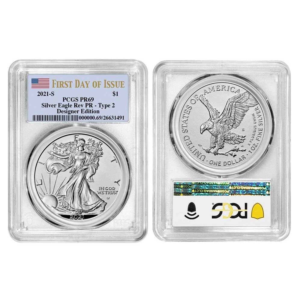 2021 American Eagle One Ounce Silver Reverse Proof Two-Coin Set Designer Edition, PCGS PR69, First Day of Issue, Limited 125,000 Minted