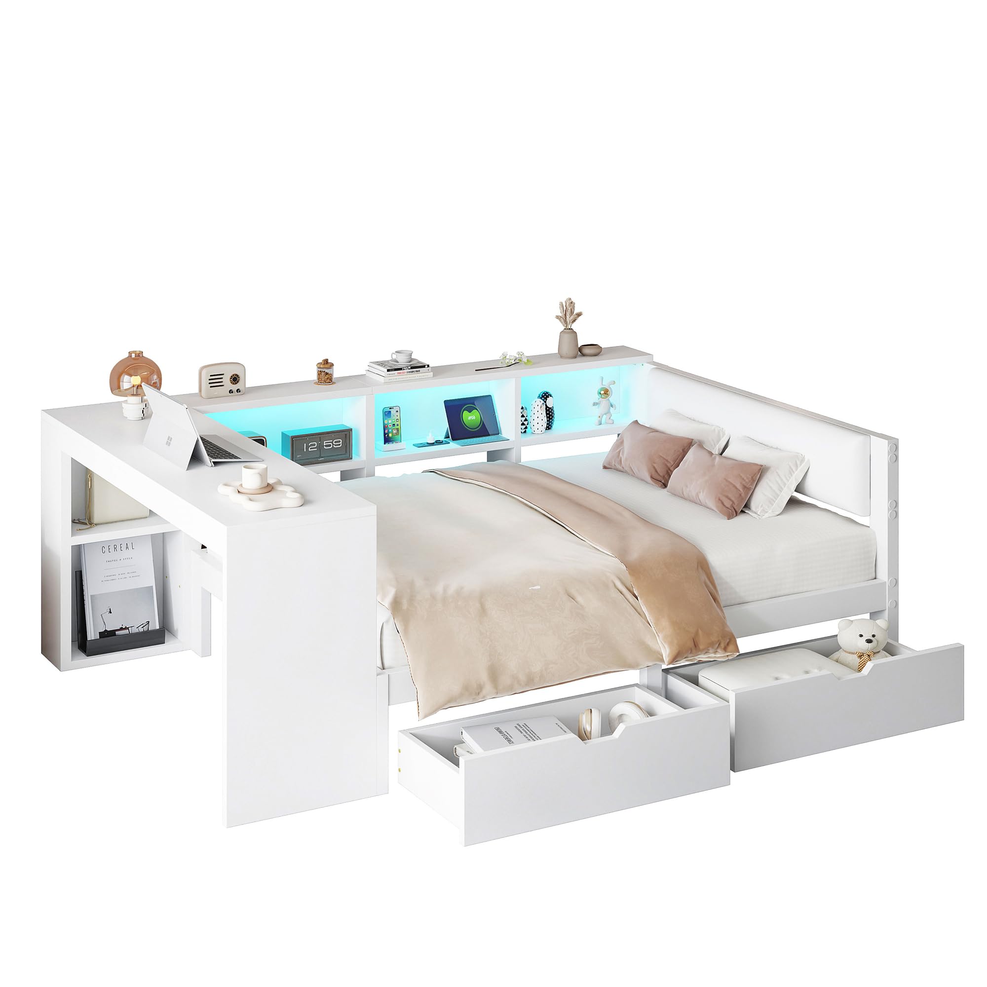 Tagesbett Doppelbett 140x200 cm mit LED Licht und USB, Schlafsofa Jugendbett Bett mit Stauraum und Schubladen, Holzbett Bettgestell mit Lattenrost und Schreibtisch, Weiß, Ohne Matratze