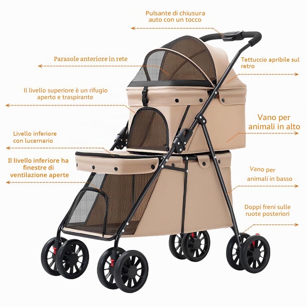 OHMG Passeggino Buggy doppio per cani e gatto, 3 in 1, pieghevole fino a 25 kg, trasportatore per gatti, borsa di trasporto per gabbie per cani