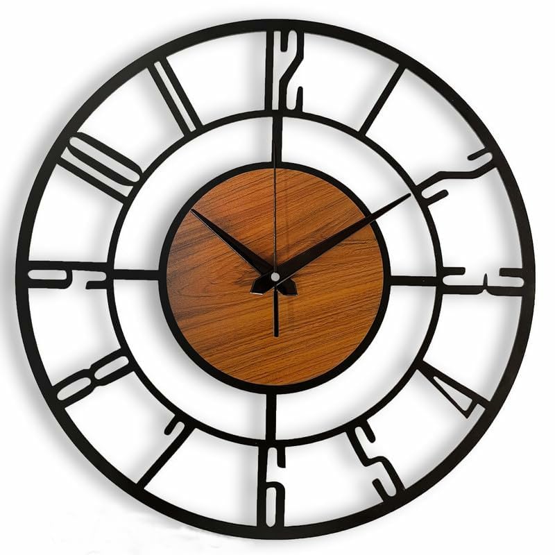 Image of Wall Clock Stylish Metal Analog Wall Clock for Living Room, Bedroom, Office, Kitchen, Home and Hall | Antique Fancy Big Size Modern Wall Watch (Black St-1 Wooden, 60 CM)