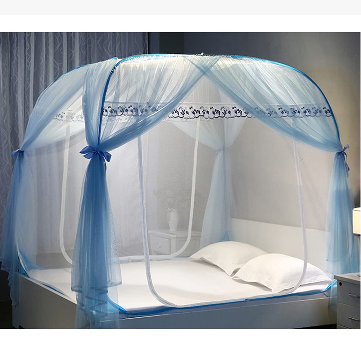 Zanzariera per Letto, baldacchino Pieghevole per Letto, Tenda da Campeggio Anti-zanzare a Doppio Strato con Fondo Facile da installare, Blu, per Letto da 1,5 m