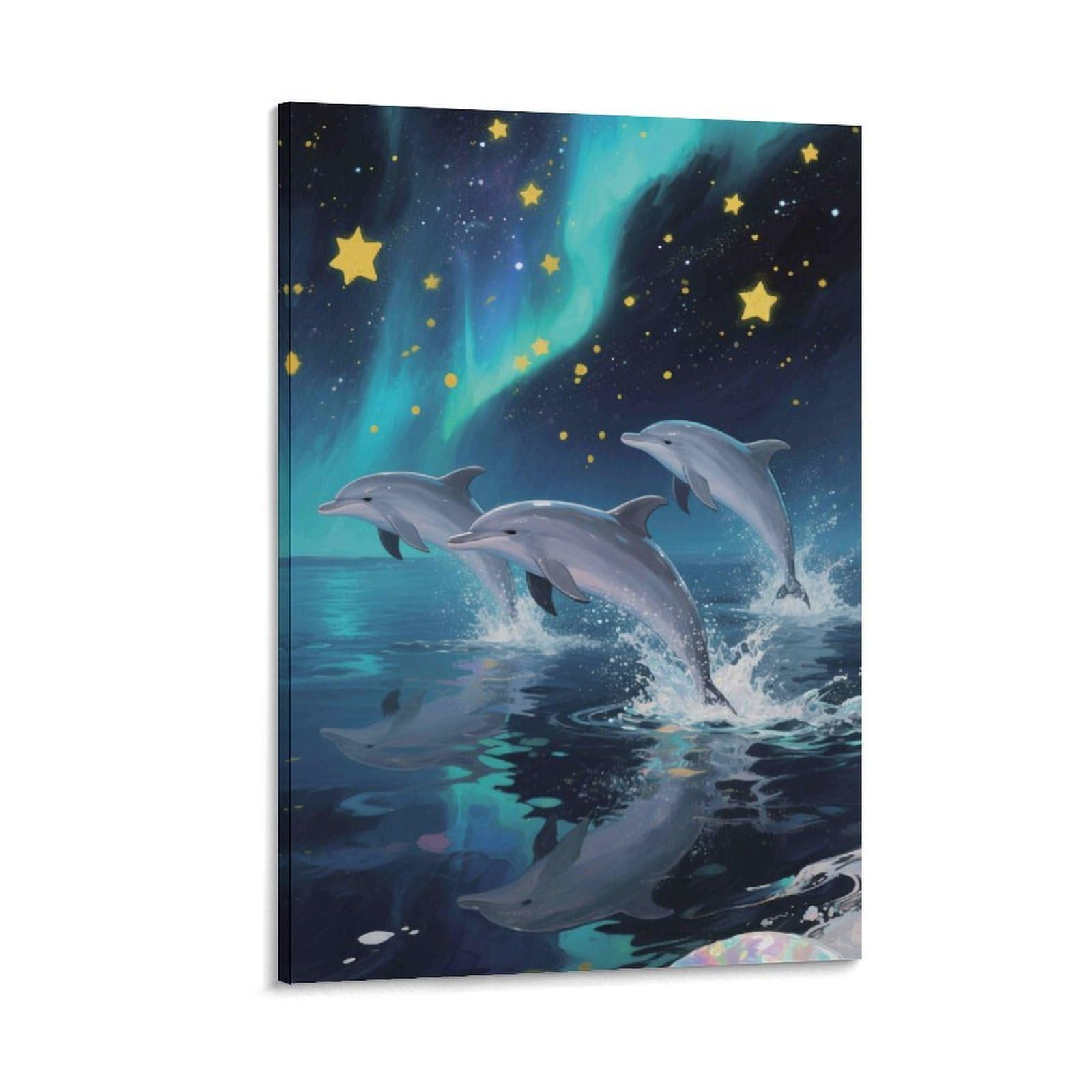DHBANEIOK Dolphins Jumping Starry Sky Poster Artwork Giclee Canvas Prints Modern Canvas Wall Art Picture Wall Hanging for Dining Room Kitchen Home Office Decor 12x18inch(30x45cm)
