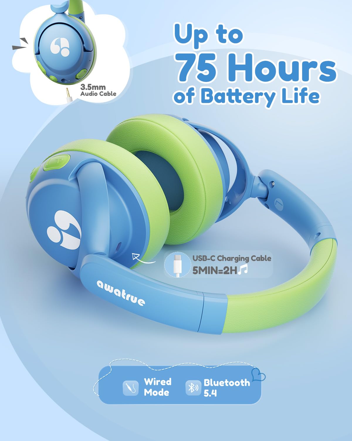 awatrue Cuffie Bluetooth per Bambini, Tasti Giganti & Microfono Integrato, Bluetooth 5.4 + Cavo AUX, Durata Della Batteria di 75 Ore, per l'uso a Scuola/in Viaggio (Bleu Vert)