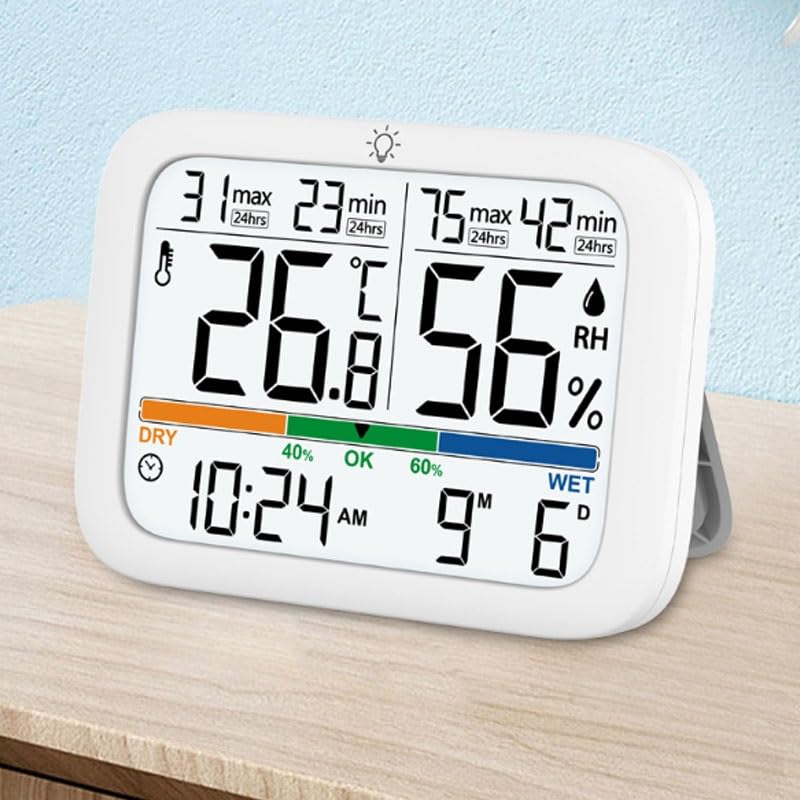 Home Digital Indoor Temperature Humidity Meter with Clock Magnetic Wall Mount for Time Retention