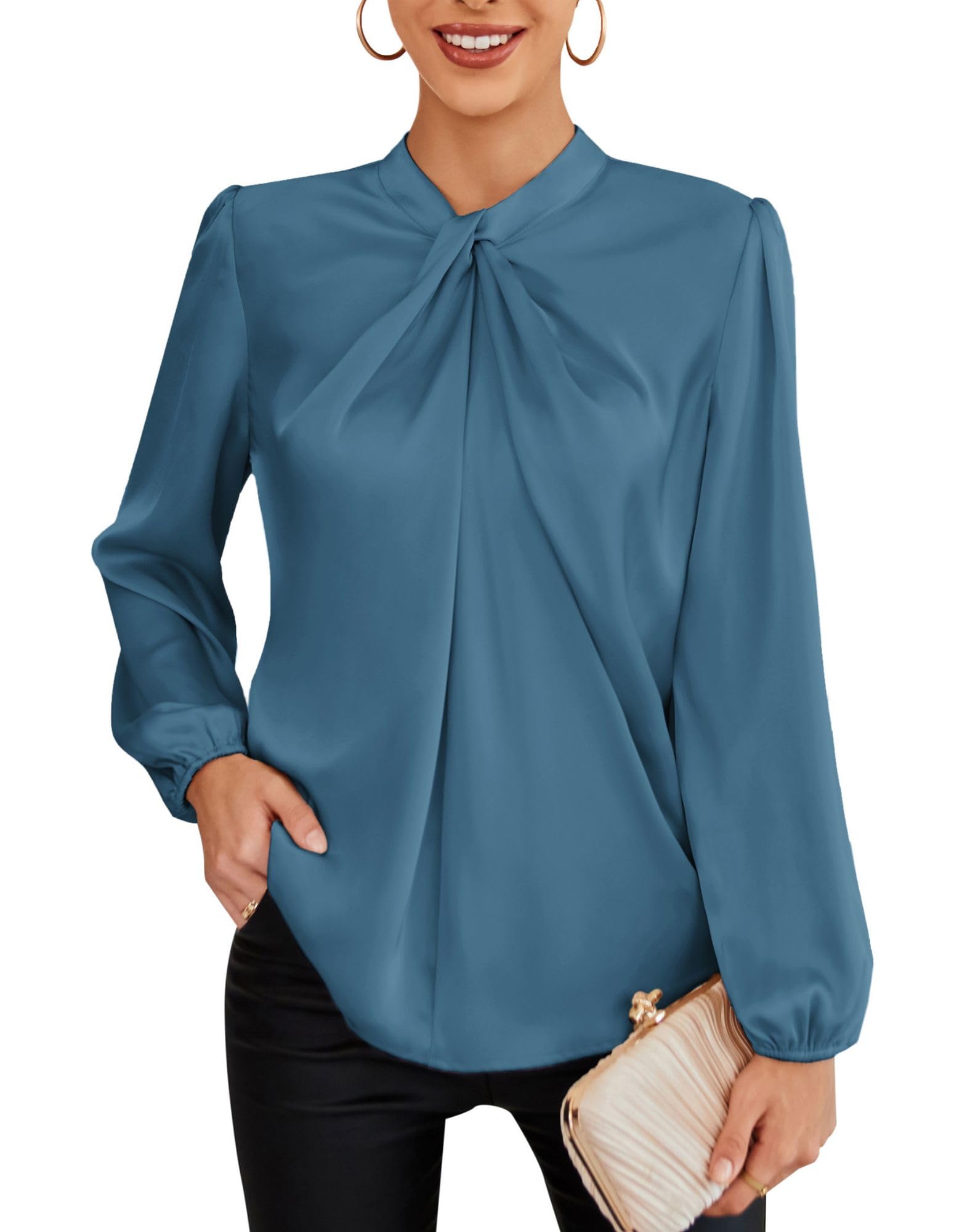 GRACE KARIN Blusa Elegante Donna Maniche Lunghe a Lanterna Tinta Unita con Scollo Rotondo da Ufficio Casual