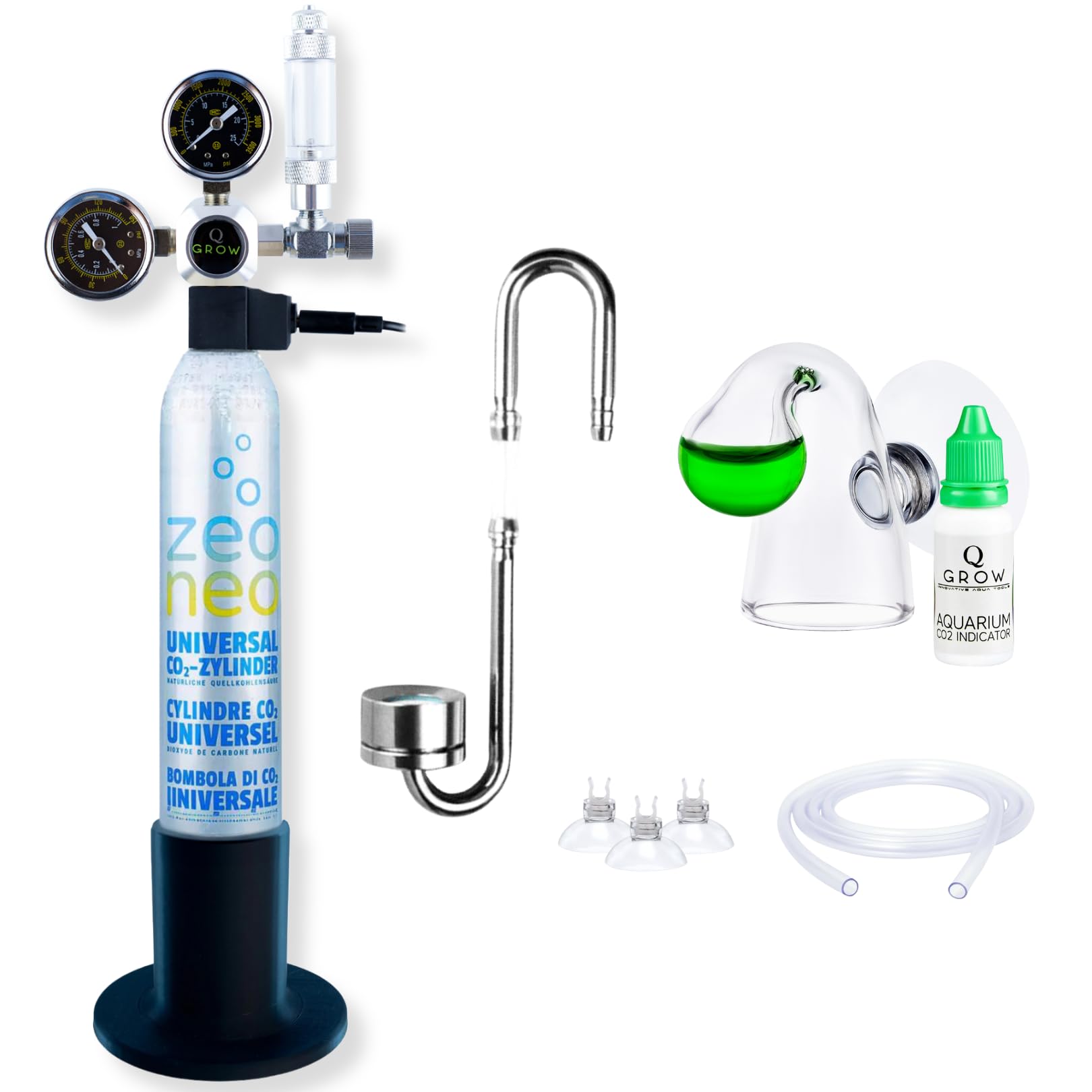 Q-Grow Kit Complet de système CO₂ pour Aquarium – Simple et Universel – INCL. diffuseur en Acier Inoxydable, Test Permanent, détendeur, Bouteille de CO₂ 425 g, Jusqu’à 1000 L