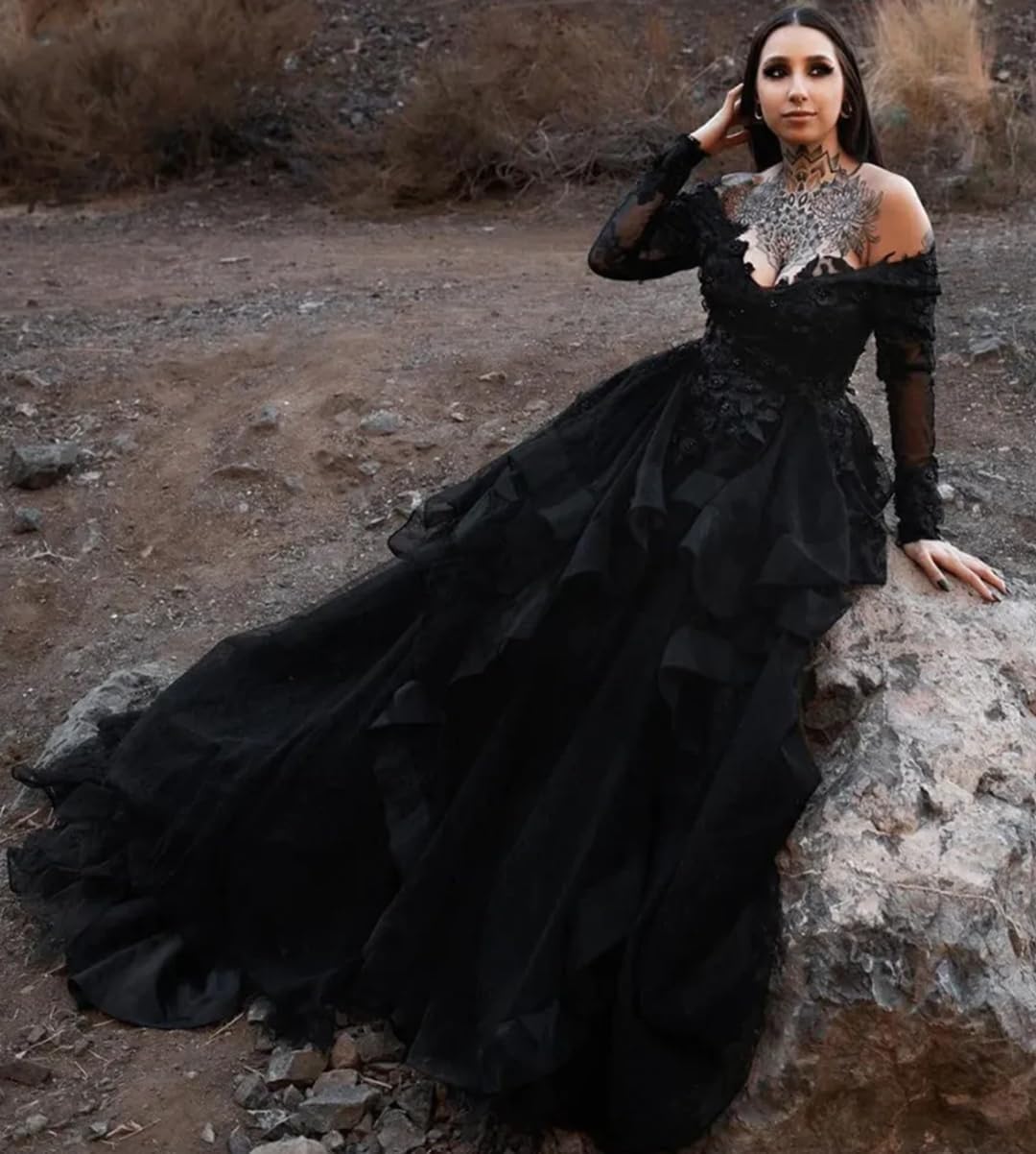 Mouccy Gothic Black Lace Wedding Dresses for Bride Beaded Long Sleeve Wedding Ball Gown with Train Layered V Neck Bridal Gown