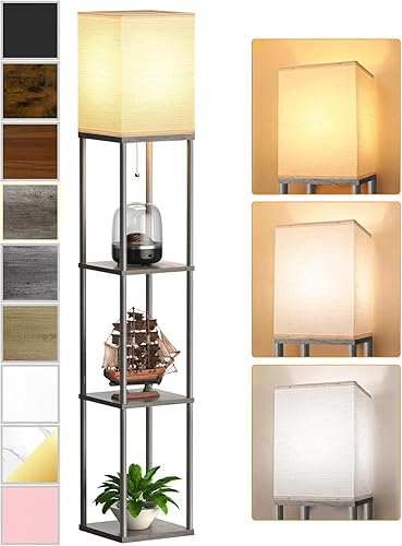 Lámpara de pie con estantes para sala de estar roble gris, lámpara de pie con estante con bombilla LED de 3 CCT, lámpara de columna de pie de