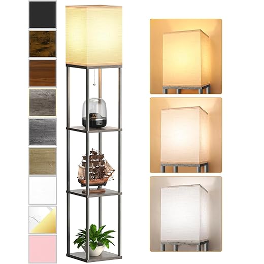 Floor Lamp with Shelves for Living Room Oak Gray, Shelf Floor Lamp with 3 CCT LED Bulb, Corner Display Standing Column Lamp Etagere Organizer Tower Nightstand with White Linen Shade for Bedroom Office