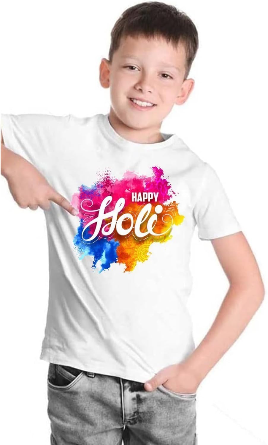Gift Solution Happy Holi Printed T-Shirt Unisex Round Neck Half Sleeve White Kids T-Shirts for Boys and Girls