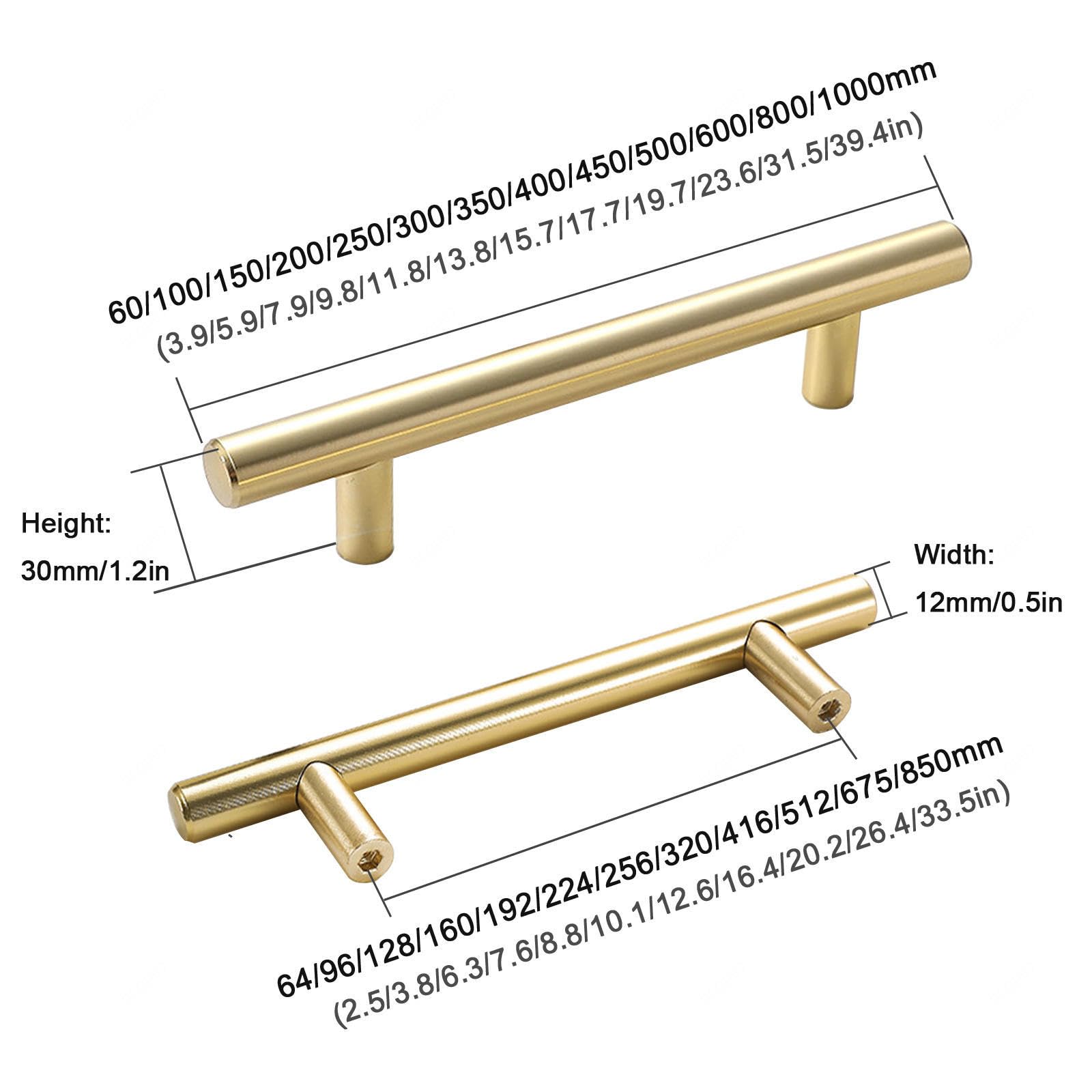 Maniglie per Armadietti Con Interasse 96/128/160/192/256 Mm,2 Pezzi Maniglie per Ante Da Cucina,Maniglie per Cassetti,Maniglie Rotonde a T in Lega Di Alluminio Pomelli,Gold/6pcs-600mm/23.6in
