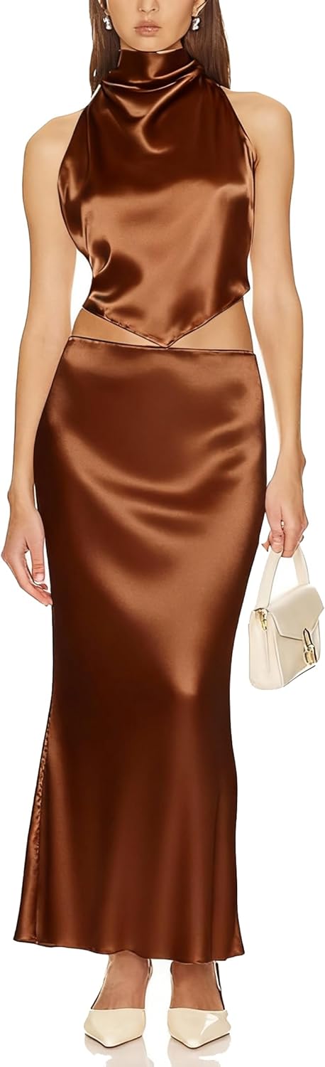 Aigeman Womens Elegant Silk Satin Maxi Skirt Elasticized High Waist Mermaid Fall Satin Skirts for Wedding Guest 469 - Image 4