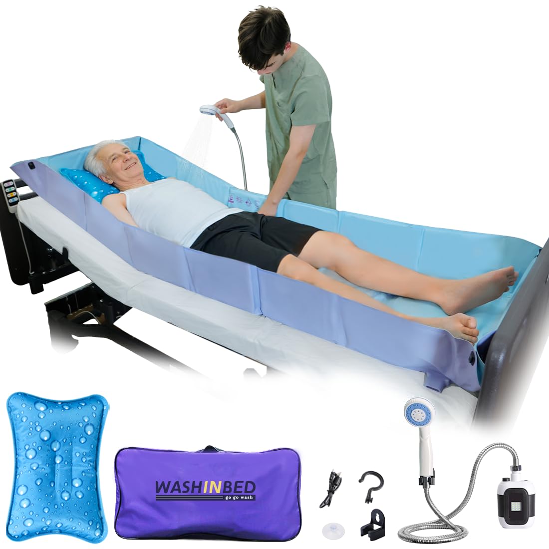 Bañera portátil con rociador eléctrico para cama para pacientes postrados en cama, ancianos y discapacitados. Colchón de ducha plegable para lavado en la cama, PVC impermeable, almohada de