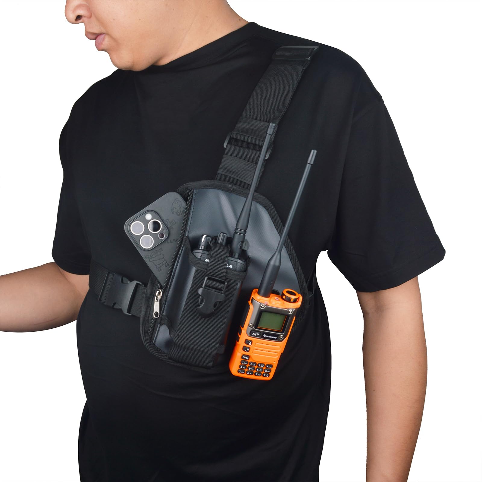 UAYESOK Harnais Poitrine Talkie Walkie, Porte Radio Police, Étui Harnais Tactique Portable Universel avec Sangle Sac Nylon Réglable pour Motorola Baofeng Icom Yaesu Midland President (Noir)