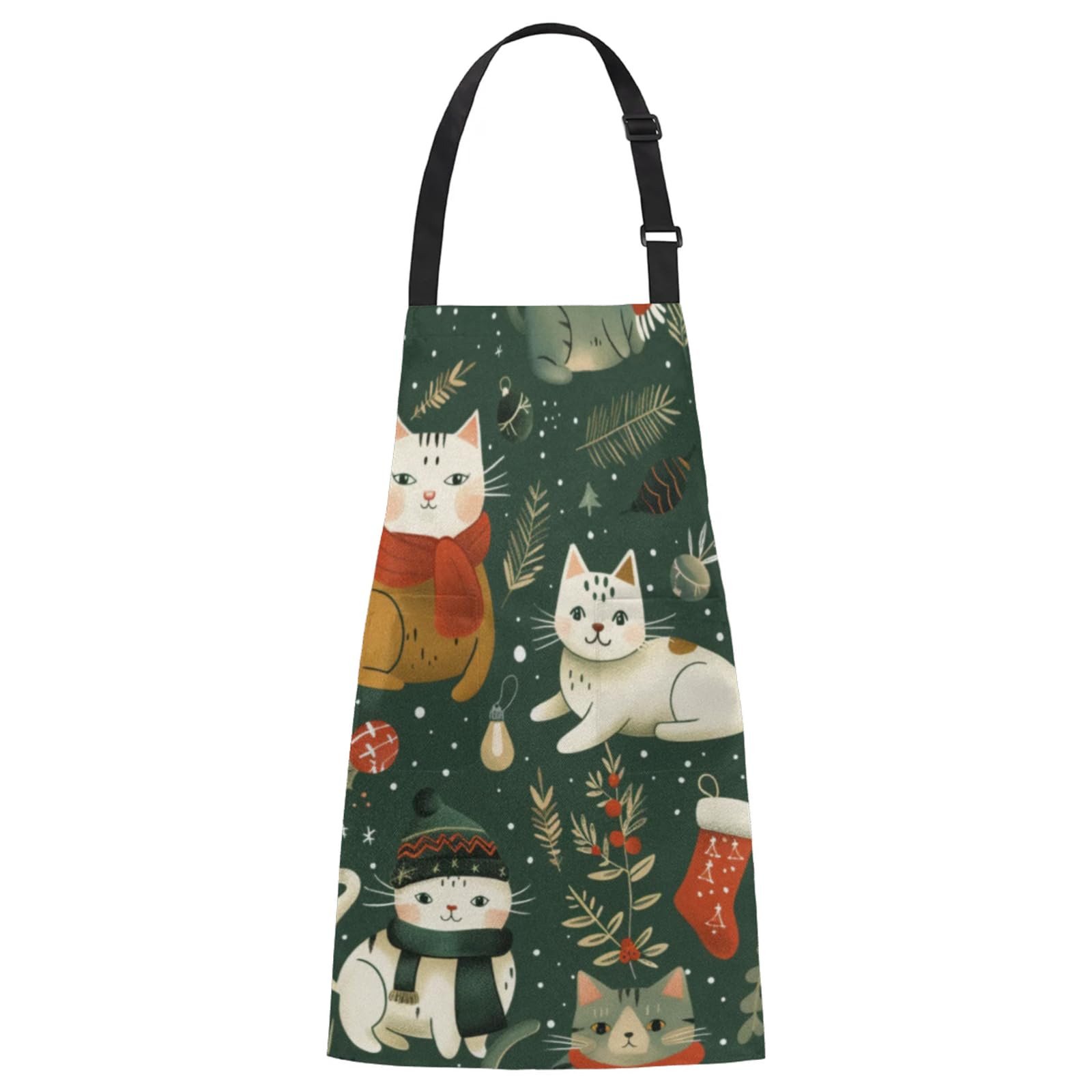 Aglebo Winter Cat Berry Socks Chef Apron with Pockets Adjustable Shoulder Strap Waterproof Cooking Apron for Kitchen Baking Gardening Pottery Painting