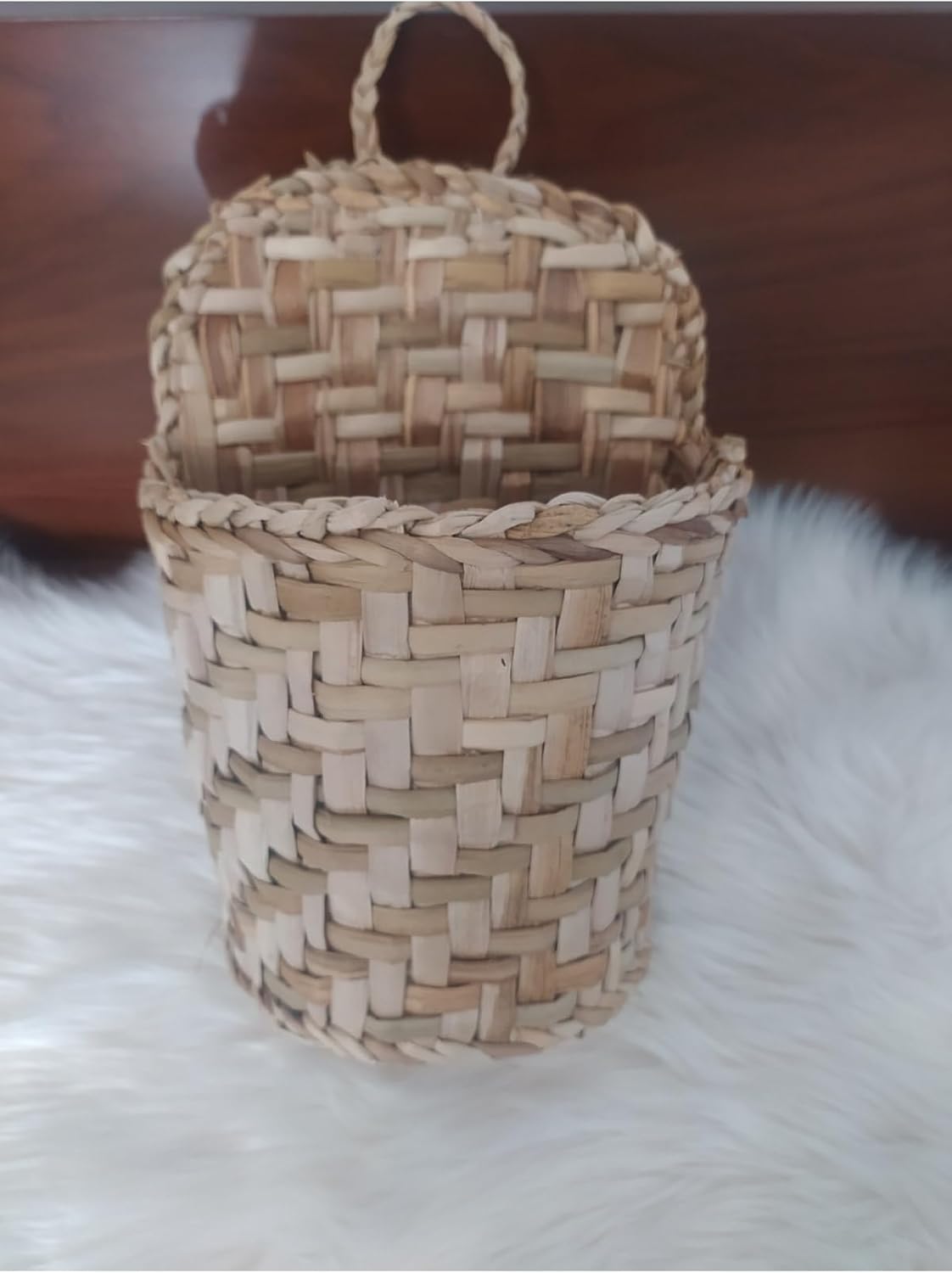 Woven Magazine Rack and Door Mat Basket, Wood Material, Modern Style, Beige Color, 20 x 20 cm - Cream