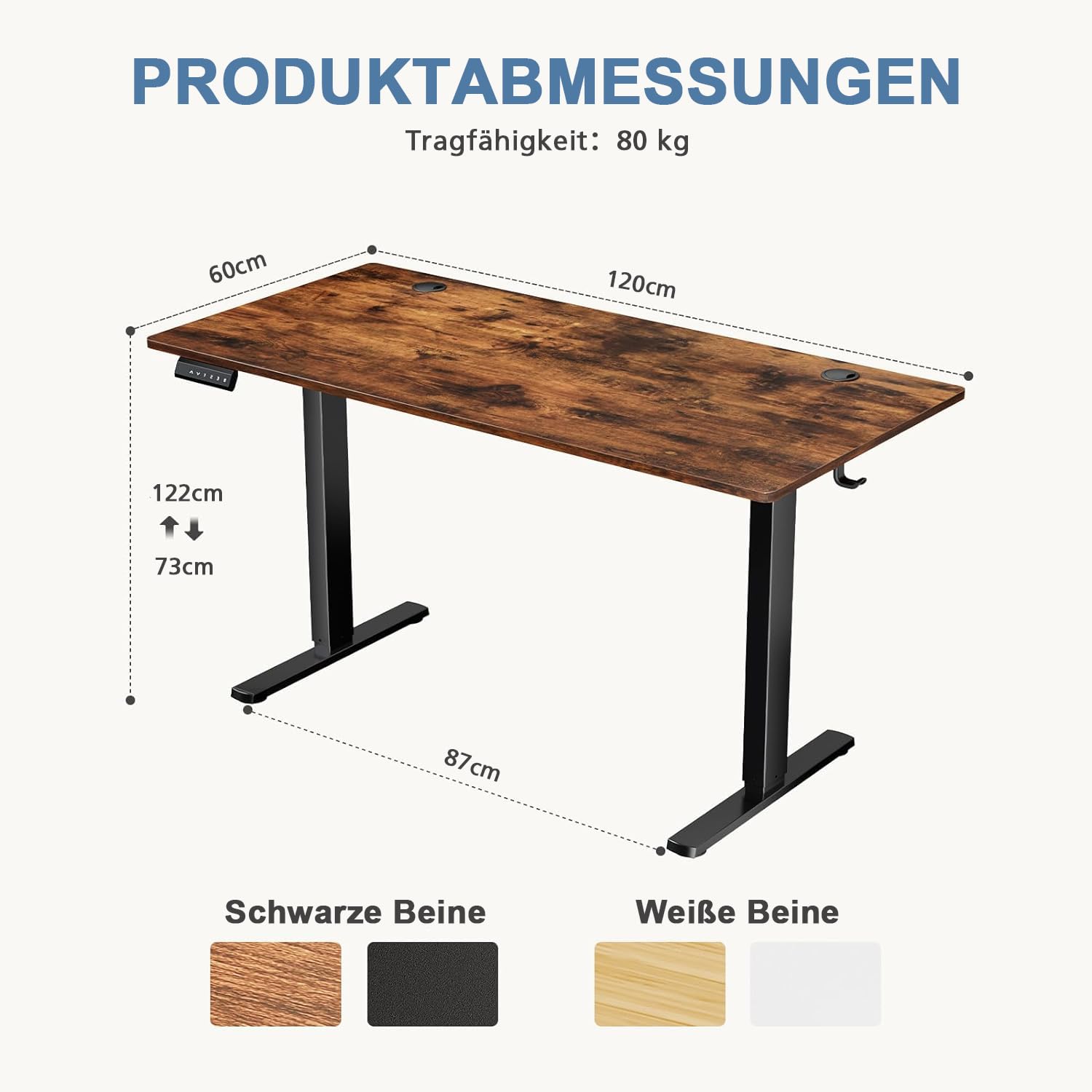 DUMOS Schreibtisch Höhenverstellbar, Ergonomic Elektrischer Schreibtische 120 X 60 cm, Standing Desk, Height Adjustable Tisch, Office Desk Geeignet für Büros, Wohnungen und andere (Braun)
