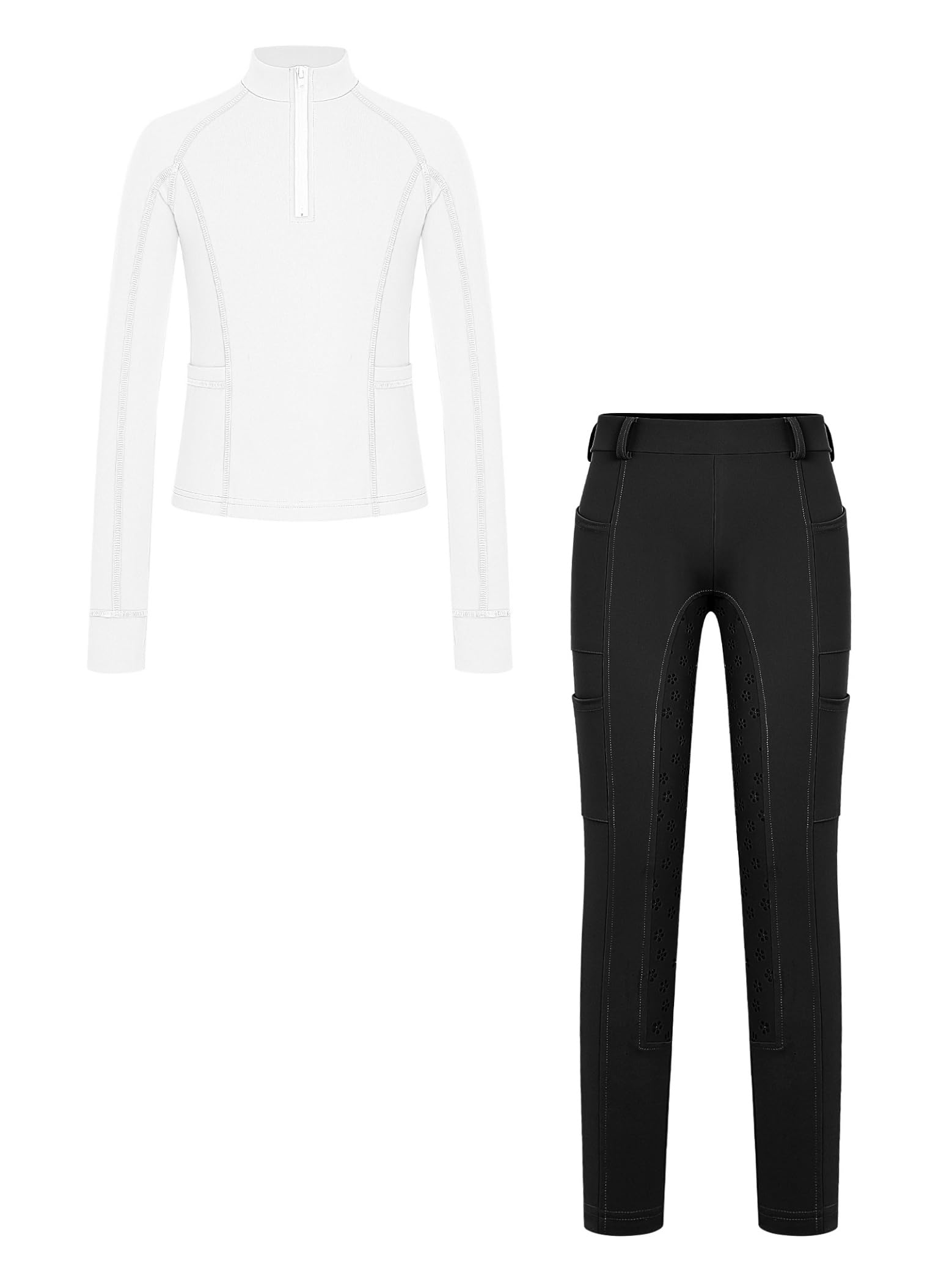 Set Equitazione Bambine sopra Lequitazione Maniche Lunghe Crop Top Completamente Ricamato Pantaloni Lequitazione Leggings con Patch in Silicone al Ginocchio
