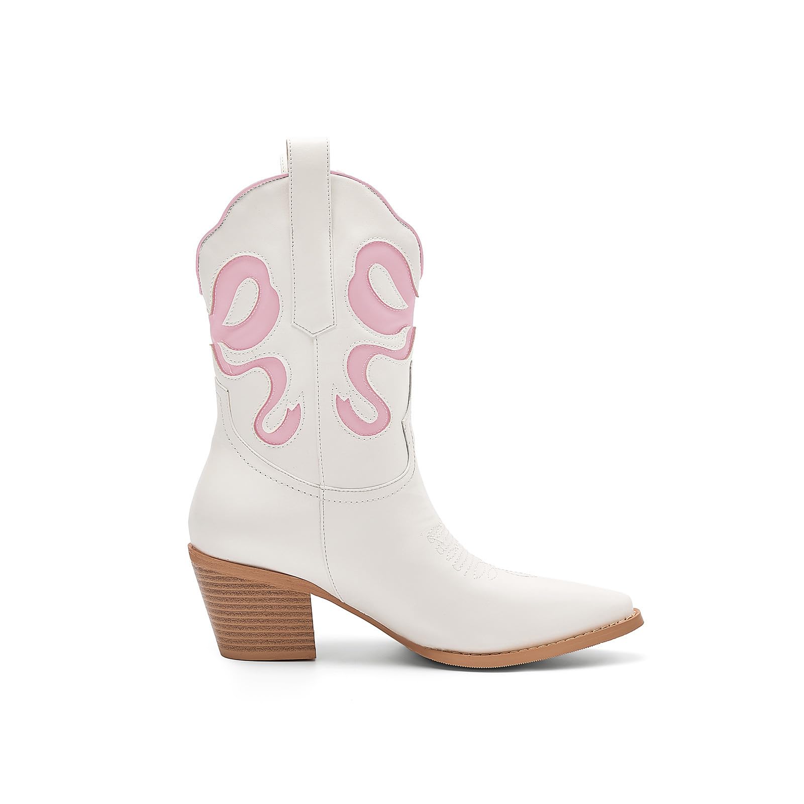 Womens White Cowboy Boots with Colorful Bows Embroidered Cowboy Boots Fashion Almond Pointed Toe Chunky Heel Short Boots
