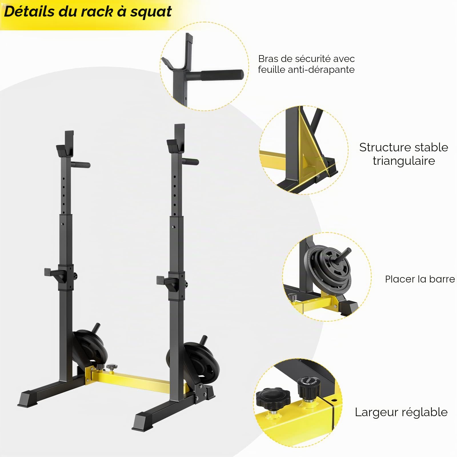 Squat Rack, Support d'Haltères Réglable, Cages de Squat Multifonction, Repose Haltères, Chandelles Musculation pour Gym, Domicile Max.250 kg
