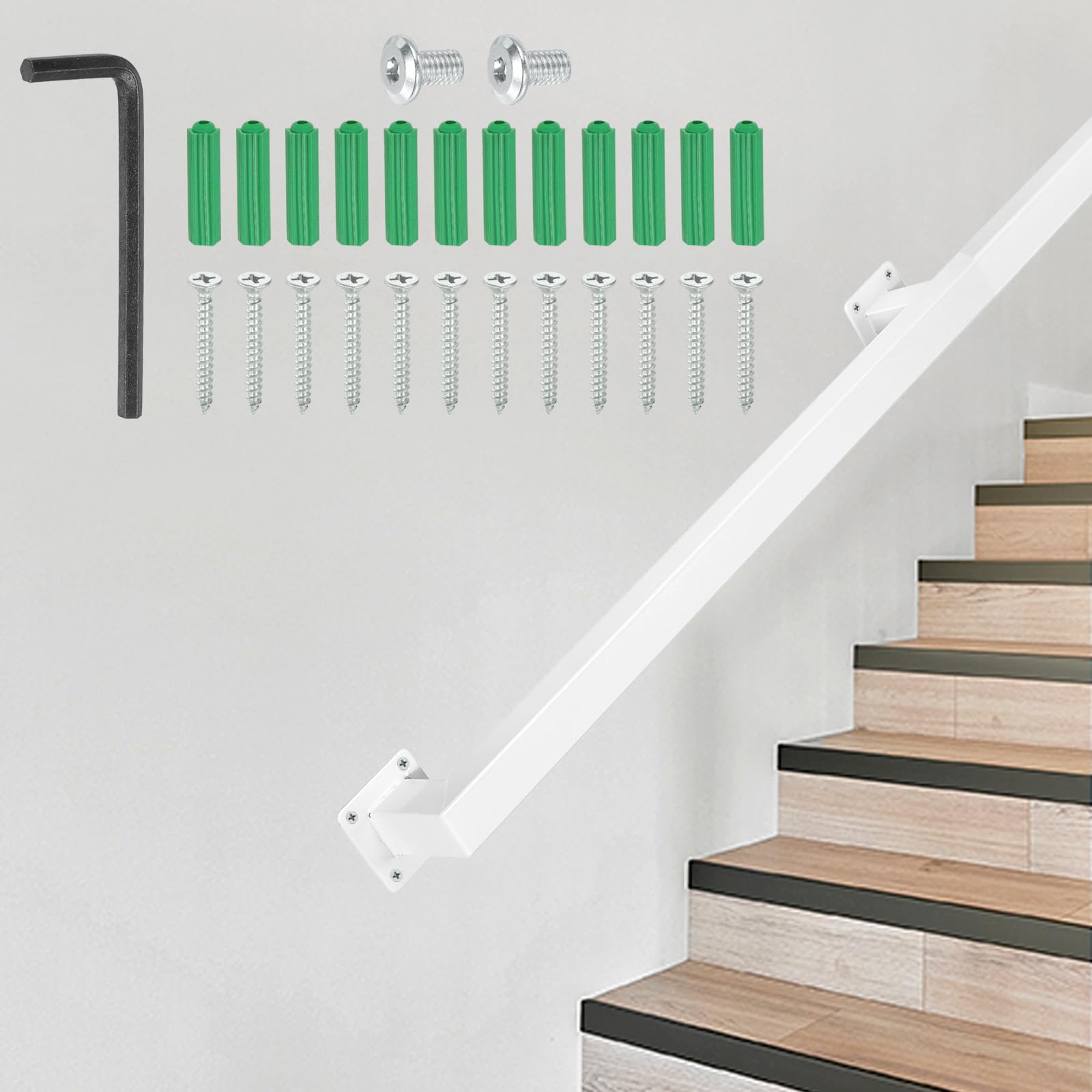 DTGN Stair Railing Indoor 4FT - Square Tube Handrail Metal Staircase Wall Mounted Handrails for Home Indoor Stairs Loft - Non-Slip W/Screws & Expansion Tube & Hex Wrench - White