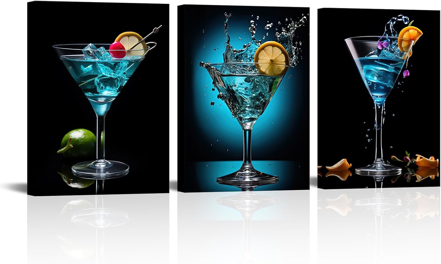 LyerArtork 3 Pieces Blue Cocktail Pictures Wall Art Canvas Prints Black Bar Art Liquor Paintings for Dining Room Kitchen Bar Decor 12"x16"x3pcs