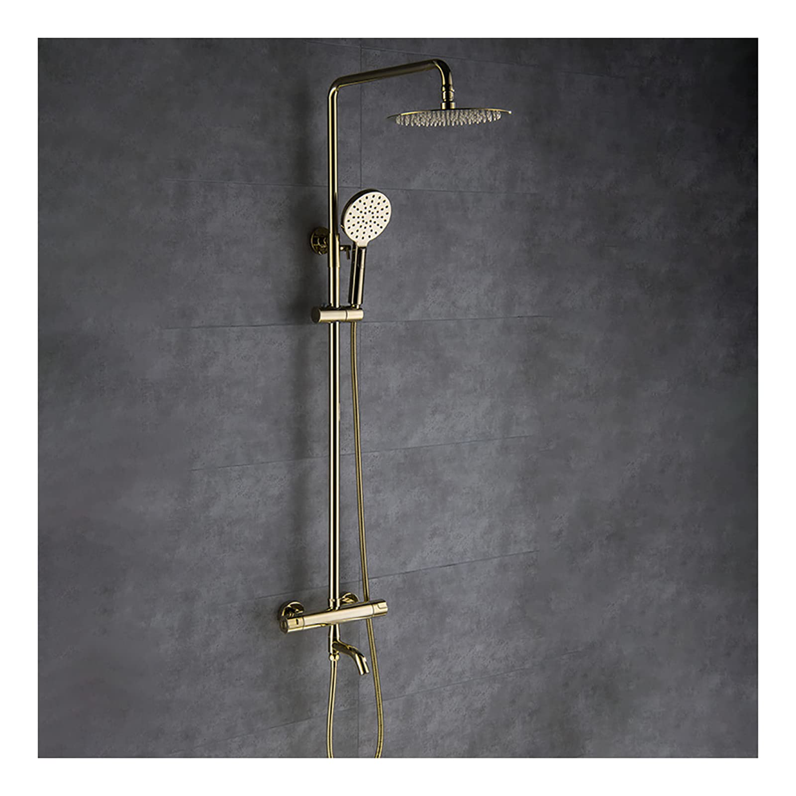 Zestaw prysznicowy Gold Shower System z termostatyczną baterią prysznicową 10 cali, zestaw prysznicowy z mieszaczem ściennym i wylewką wannową, okrągłą głowicą prysznicow