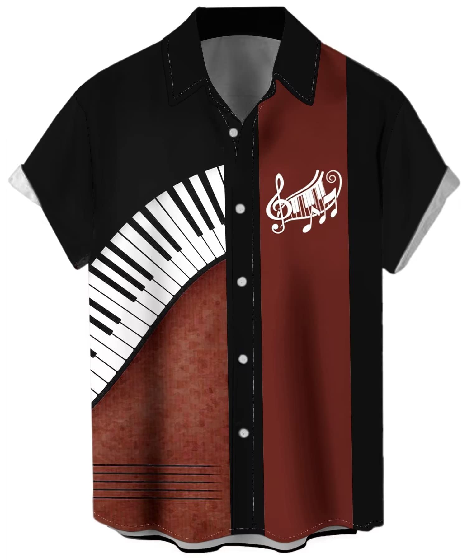 Men's Vintage Bowling Shirt 1950s Retro Rockabilly Style Short Sleeve Button Down Music Hawaiian Shirts, Piano-red Balck, Large