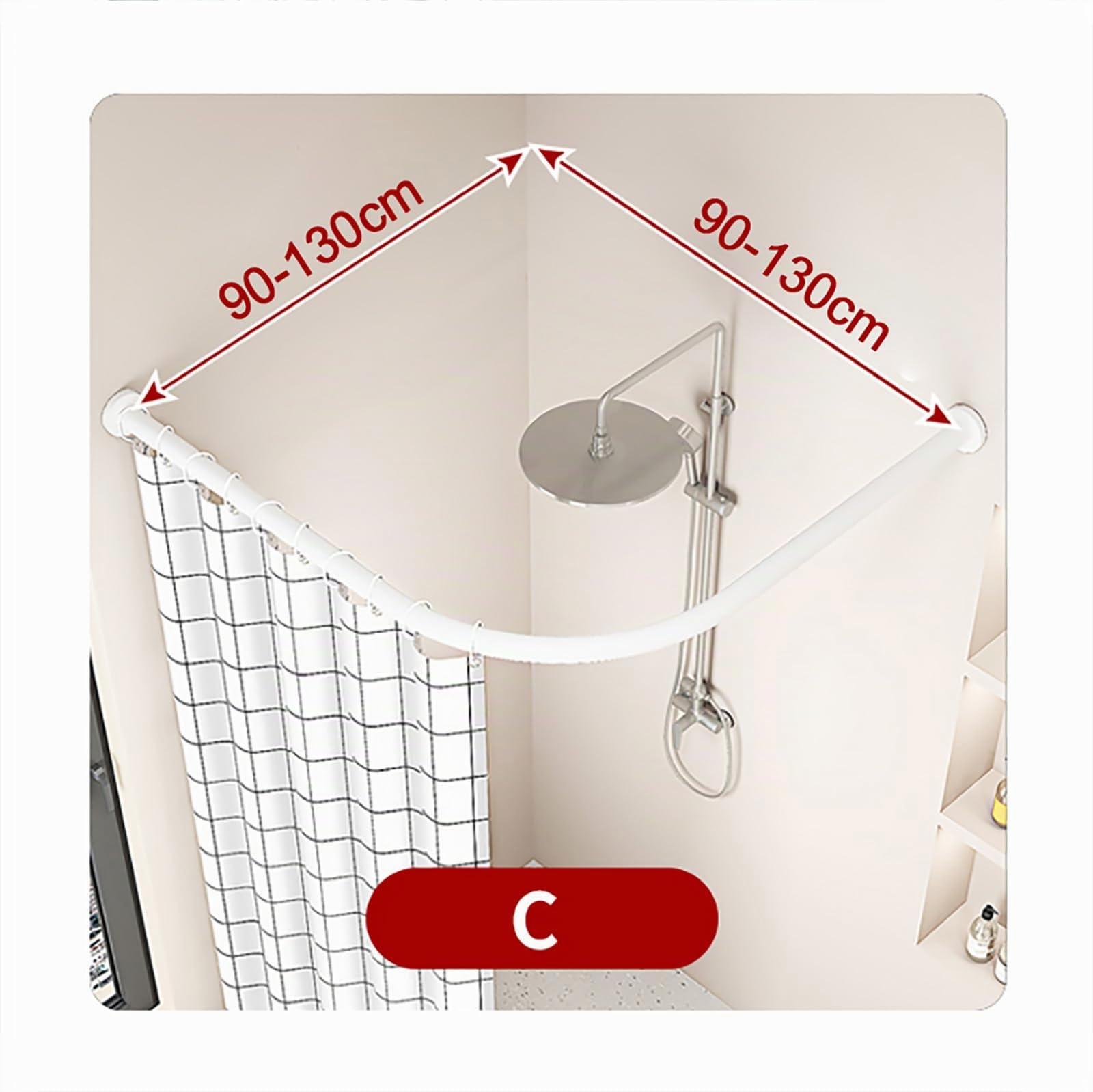 Asta per Tenda Doccia L Forma Regolabile, 90-130x90-130cm Bastone Tenda Doccia Angolare in Acciaio Inox, per Vasca da Bagno Bagno Spogliatoio Armadio, Forata/Senza Foratura, Bianco