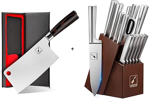 imarku Japan - Juego de cuchillos de carnicero y 15 piezas, juego de cuchillos de acero inoxidable con bloque y afilador de cuchillos, cuchillo de