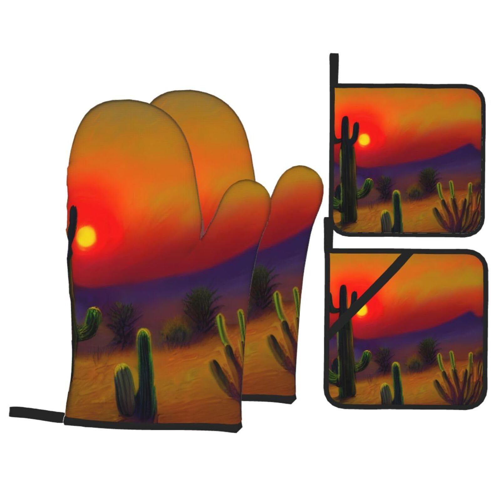 Sunset Cactus in Desert Print 4-Piece Oven Microwaving Set Kitchen Gloves for Holiday Cooking Baking Grilling