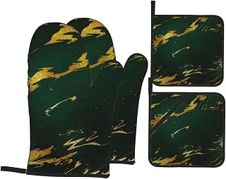 Juego de 4 agarraderas y Manoplas para Horno, Resistentes al Calor, Color Verde Esmeralda, Tonos Tierra, Dorado y mármol.