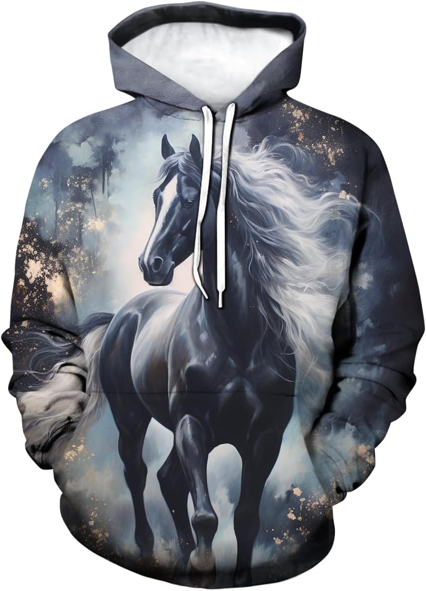 TiwBski Unisex Horse Pattern Hoodie Novelty Animal Print Sweatshirt Hooded Pullover with Pocket