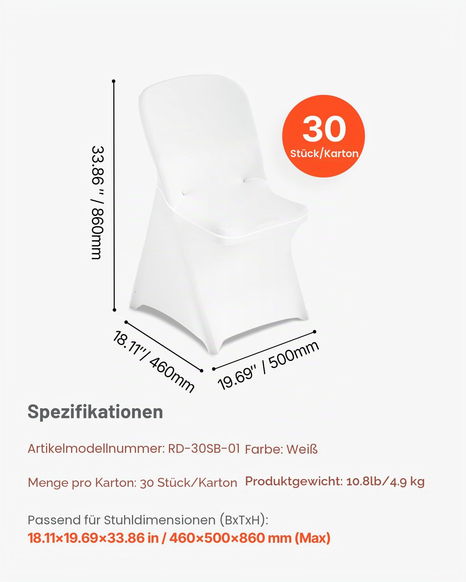 VEVOR Stuhlhussen Stuhlbezug 30 STK. waschbarer & Abnehmbarer Stuhlüberzug aus Polyester-Spandex für Hochzeitsfeiern Esszimmerbankette Restaurant, passend für Stühle (46 x 50 x 86 cm) Weiß