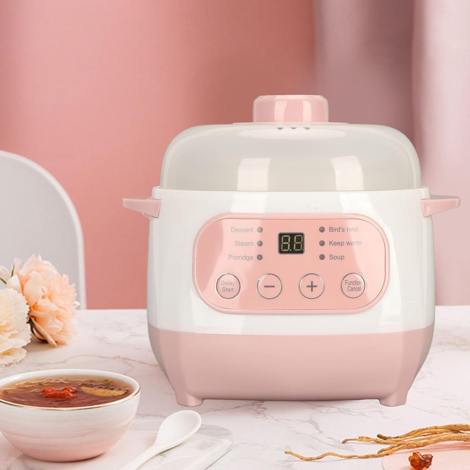 Olla Eléctrica Inteligente De Cerámica De 1 Litro para Sopas - Olla De Cocción Lenta Multifuncional con Sistema Anti-Quemado En Seco, Ideal para Gachas, Guisos Y Comidas Rápidas.