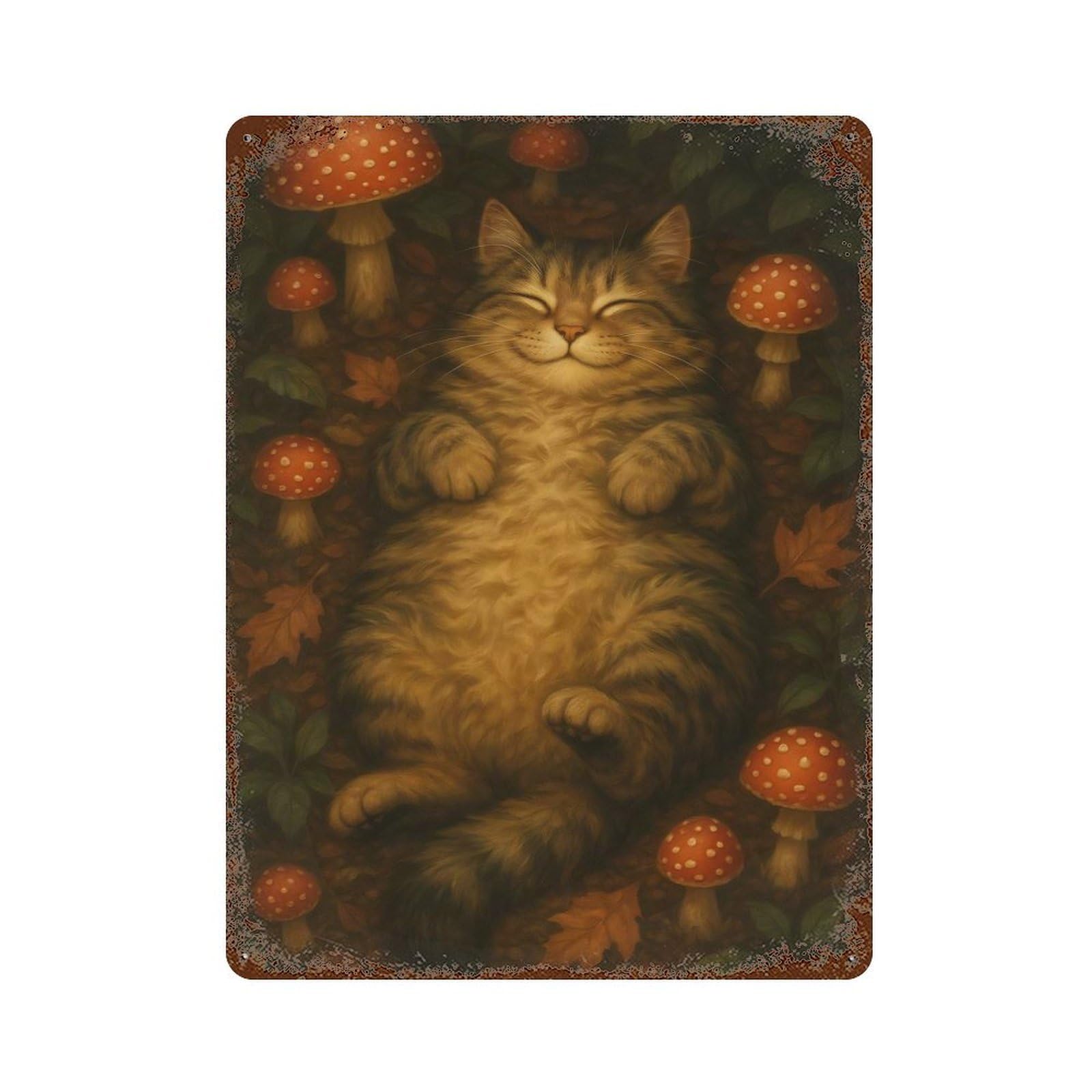 Happy Cat in Mushroom Forest Rusty Metal Tin Sign 15.7"x11.8", Classic Wall Plaque for Pub, Kitchen And Man Cave Decor